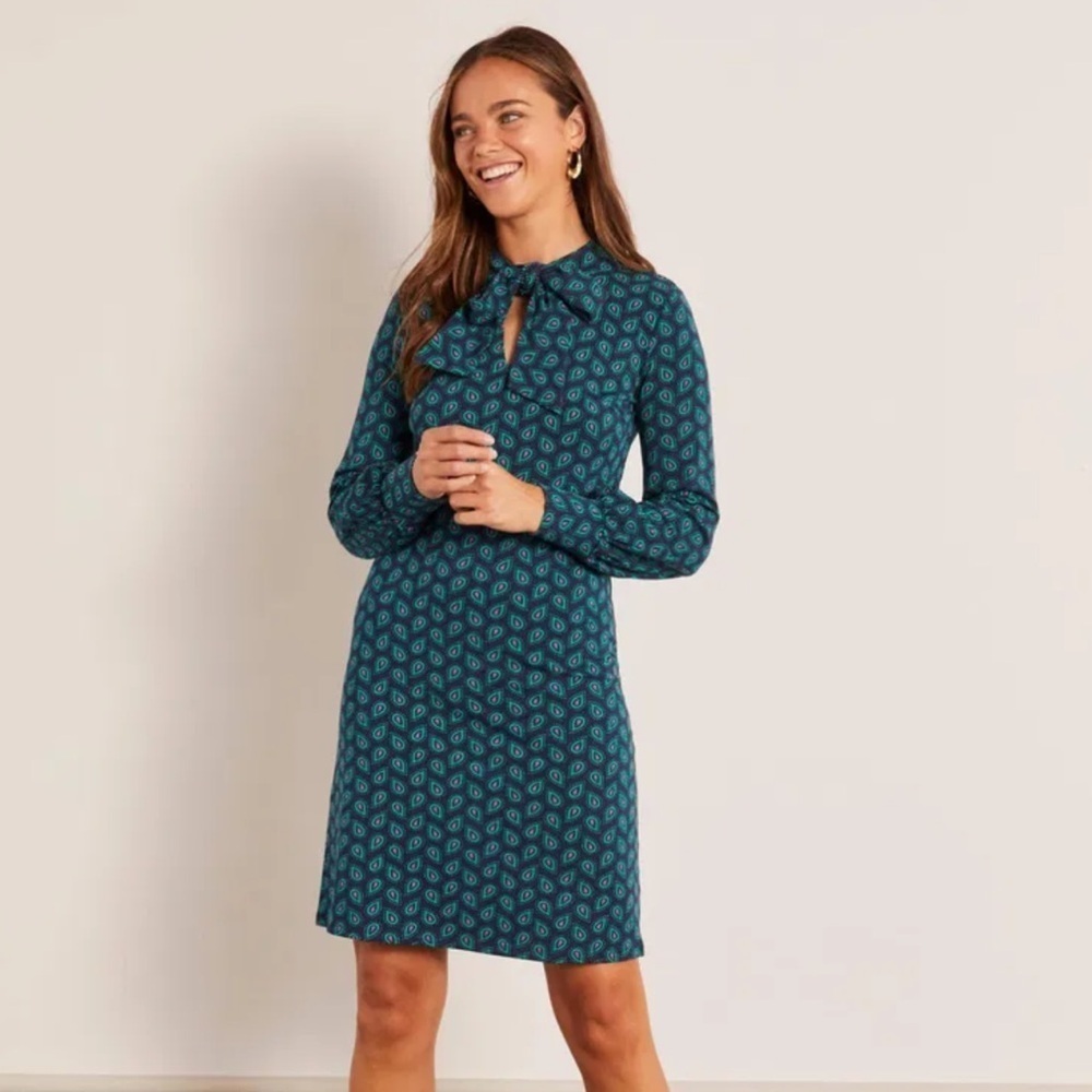 Boden Bess Shift Dress Elegant Teal Patterned Dress Sz2 office bossgirl preppy